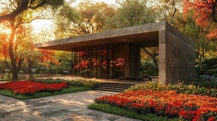 Fototapeta premium Modern concrete structure surrounded by vibrant gardens.