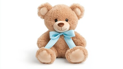 Charming teddy bear plush, oversized ears, playful expression, multicolor, cozy peluche, isolated on white background