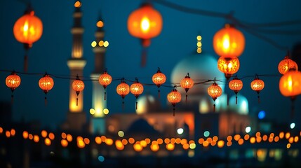 Illuminated Lanterns Adorn Mosque At Night
