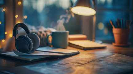 Cozy Study Space with Headphones and Warm Lighting for Podcast Listening