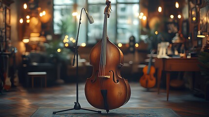 Double bass in vintage music shop.