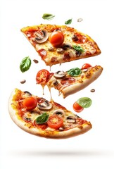 Delicious Floating Pizza Slices with Fresh Ingredients, Cheese, Tomatoes, Mushrooms, Basil, and Olive on White Background for Culinary and Food Themes