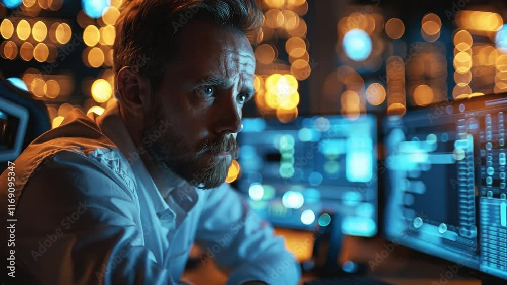 Aufkleber An individual wearing a white shirt is intensely focused on multiple computer screens displaying complex data and graphics.