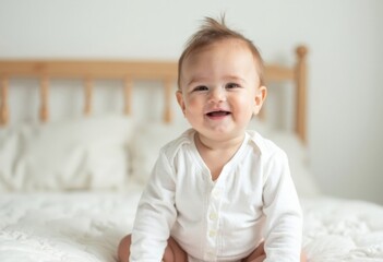 Fototapeta premium Baby sitting on white bed against white background, with short hair