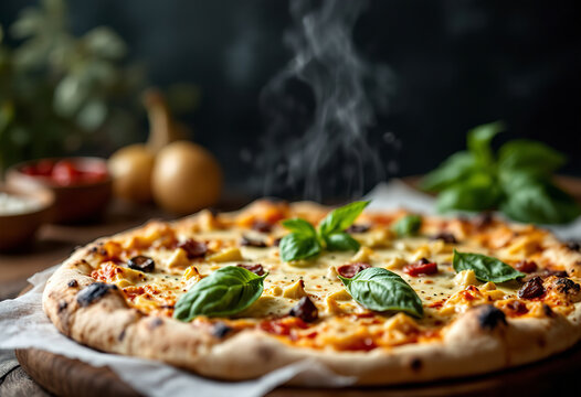 Pizza bianca or white pizza with cheese, artichokes and fresh basil