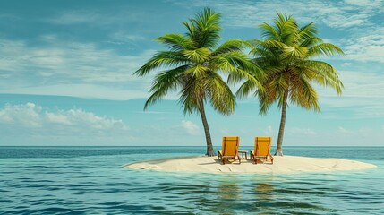 Naklejka premium deckchairs under palm trees on a lonely sand island in the middle of the ocean