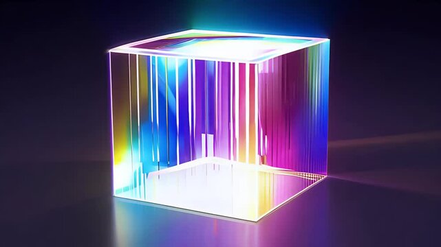 transparent 3D glass cube rotates hypnotically refracting light rainbow hues combining dispersion effects modern aesthetics seamless high definition animation