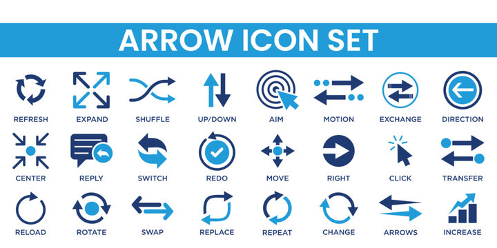 Arrow icon set in black-and-white featuring curved, straight, and directional arrows. Perfect for navigation, presentations, UI/UX design, business projects, infographics, and graphic design.
