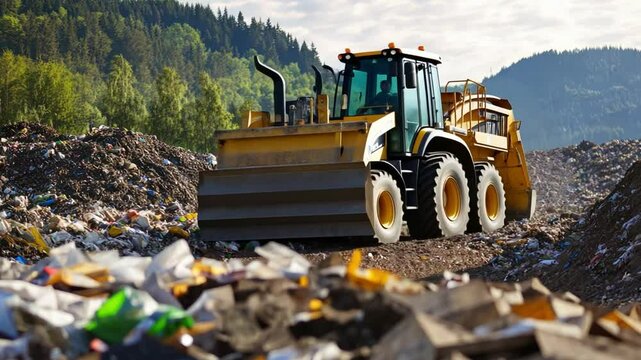 A large yellow and black bulldozer is driving through a pile of trash