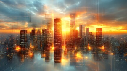 Cityscape Sunset Reflection Digital Art Modern Metropolis