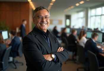 Fototapeta premium Male boss stands in front of employees, hands crossed