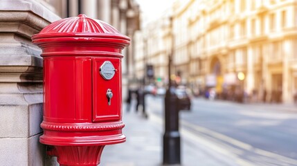 Historic red mailbox stands prominently on a British street, symbolizing timeless communication and cultural heritage.