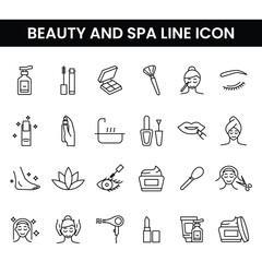 Beauty and spa line icon set featuring makeup, skincare, and salon tools. Includes cosmetics, hair styling, wellness elements and spa essentials. For beauty related designs, branding, and social media