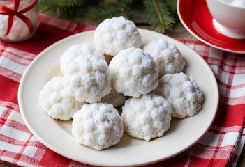 A close-up of snowball cookies with a red and white plaid napkin in the background