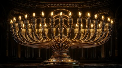 Obraz premium Lit Menorah in ornate temple interior.