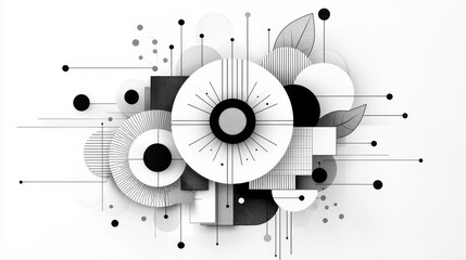 Abstract monochrome geometric composition with circles and lines on a white background