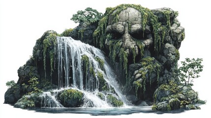 Mossy Waterfall Cascading Over Stone Skull Face