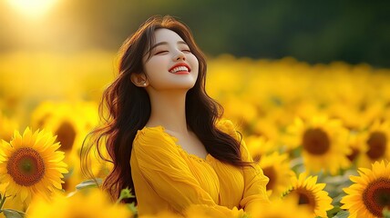 Naklejka premium Charming lady in a sunflower field, her smile radiating joy and natural beauty,