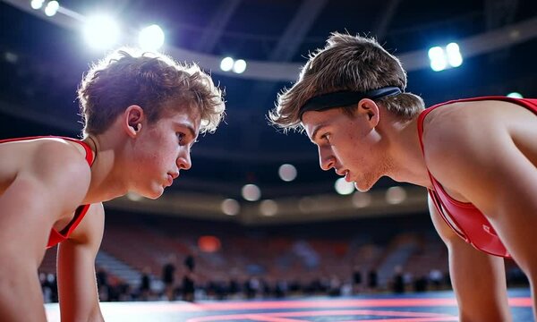 Two wrestlers face off in an intense competition moment.