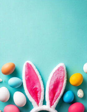 Naklejki Easter party concept. Top view photo of easter bunny ears white pink blue and yellow eggs on isolated pastel blue background with copyspace in the middle