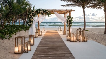 Naklejka premium Beautiful Beach Wedding Setup with Floral Decor and Lanterns at Sunset by the Ocean Shoreline