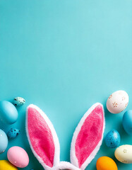 Easter party concept. Top view photo of easter bunny ears white pink blue and yellow eggs on isolated pastel blue background with copyspace in the middle