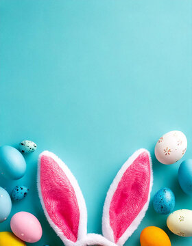 Naklejki Easter party concept. Top view photo of easter bunny ears white pink blue and yellow eggs on isolated pastel blue background with copyspace in the middle