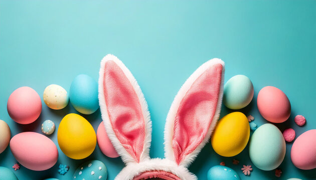 Easter party concept. Top view photo of easter bunny ears white pink blue and yellow eggs on isolated pastel blue background with copyspace in the middle