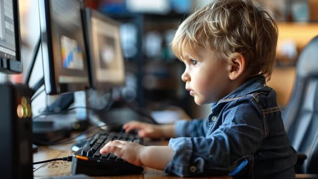 A curious young child focuses intently on a computer screen, exploring digital content in a warm and inviting workspace filled with soft lighting and creative elements.