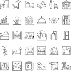Hotel Amenities, Rooms, Services, and Building Icon Set Illustrations