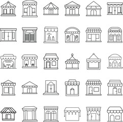 Diverse Collection of Store Front Building Facade Line Icons