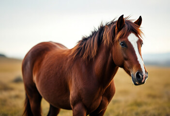 Obraz premium A brown horse with a white blaze on its face standing in a grassy field