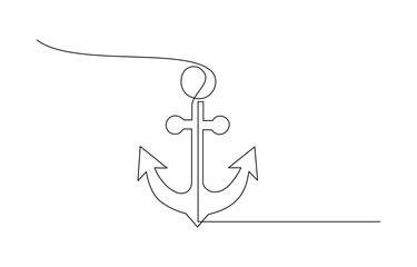 Continuous line drawing of sea anchor. One line drawing background, Continuous line drawing of sea anchor, Large sea anchor of the ship. Set of sea ocean elements. Continuous one line drawing. © Domestock