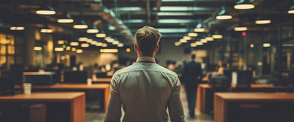 Obraz premium Man walking through a modern office space.