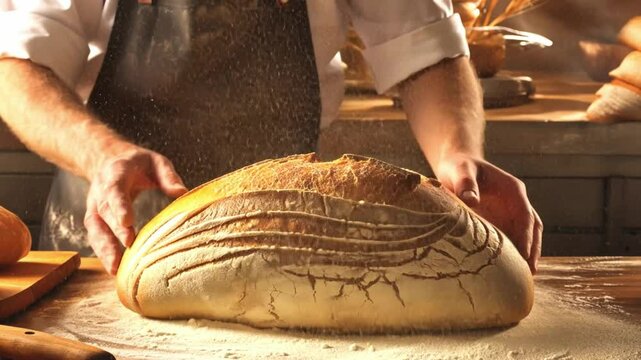 A man is making bread in a bakery