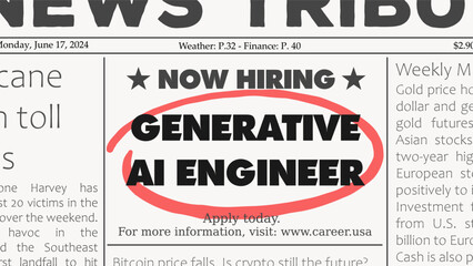 Generative AI engineer software development career. Recruitment offer - job ad. Newspaper classified ad career opportunity.