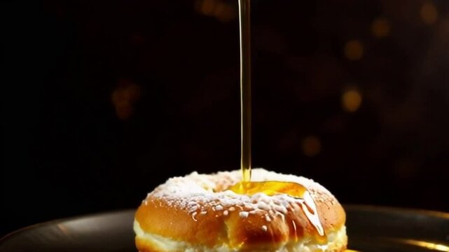 Chocolate cronut breaking with ganache and edible gold flakes mid-air under dark backdrop with warm light and indulgent drama