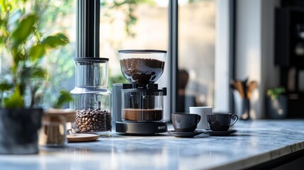 A stylish kitchen counter displays a coffee grinder, two cups, and a glass jar with coffee beans in bright morning light. The setup invites warmth and comfort