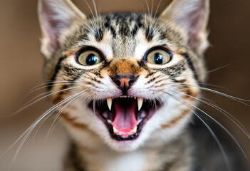 A close-up portrait of a young tabby cat with wide open eyes and mouth, showing its teeth in an excited or playful expression