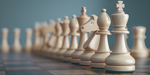 Fototapeta premium White chess pieces standing on a wooden chessboard ready for a new game
