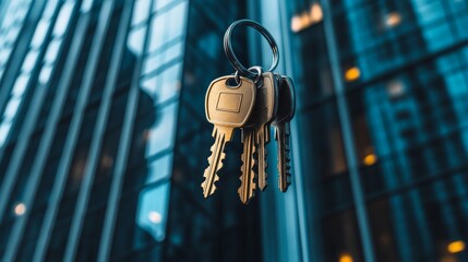 A set of keys dangles in midair against a backdrop of tall glass buildings reflecting light. The urban setting suggests a busy city life, evoking a sense of exploration