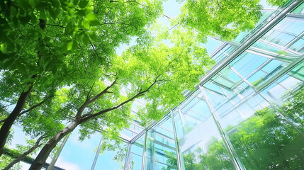 Sustainable Glass House Architecture, Eco-Friendly Building Design with Lush Greenery, Modern Green Building Concept, Energy Efficient Home with Nature Background