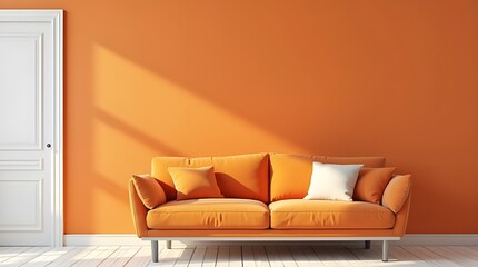 Contemporary living room features a white sofa and vibrant orange walls, complemented with green indoor plants, creating a warm and inviting atmosphere. Well-suited for showcasing interior design.