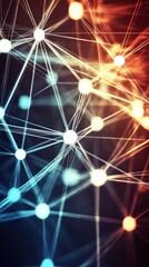 An abstract representation of data flowing through cyberspace. Features interconnected lines and nodes forming a complex network on a dark background.