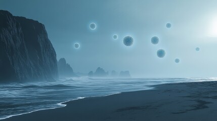 Alien Microbes Float Over a Desolate Coastal Landscape