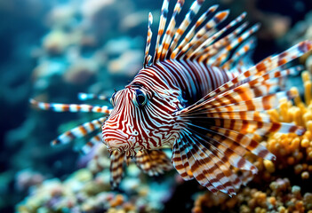 A colorful lionfish with long, spiny fins swimming in a coral reef environment