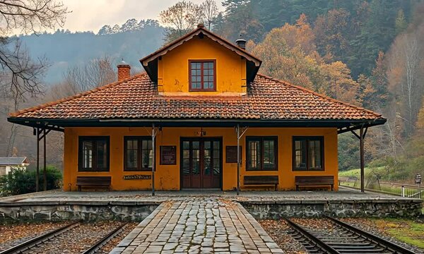 A quaint yellow train station surrounded by autumn foliage.