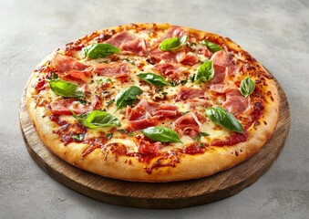 Delicious freshly baked pizza with ham, cheese, and basil leaves displayed on a rustic wooden board against a neutral background