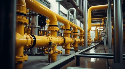 Fototapeta premium Bright yellow industrial pipes run along the floor of a manufacturing facility. The setting showcases clean lines, modern technology, and ample space for information or branding