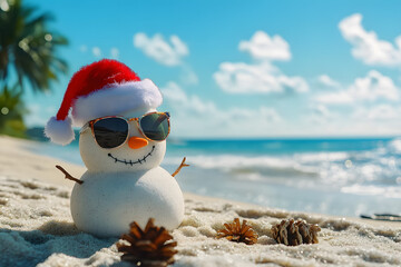 Sandy snowman wearing sunglasses and a santa hat is enjoying a sunny christmas on a tropical beach